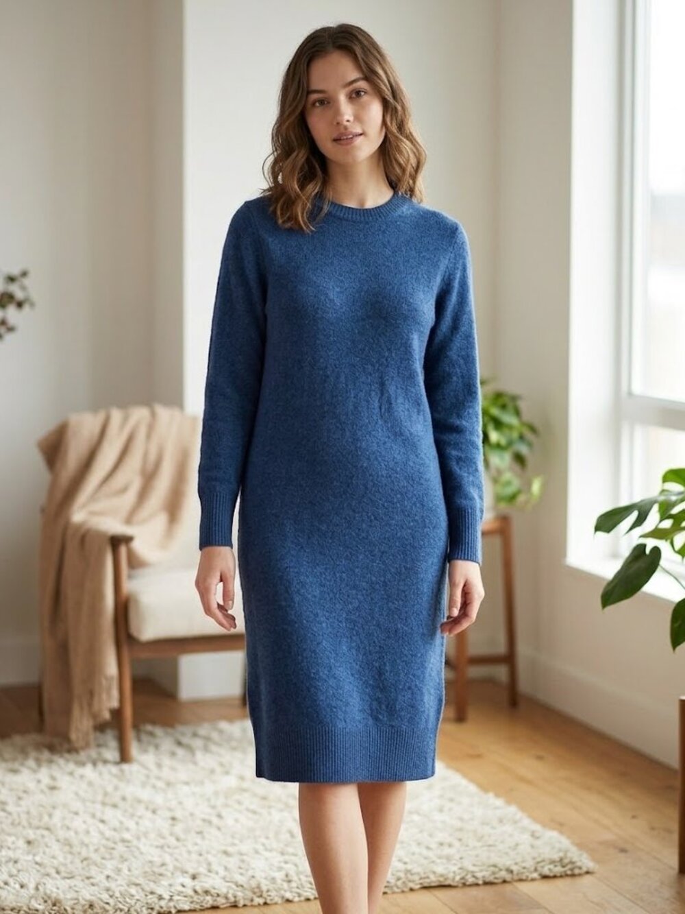 UNIQLO Womens Soufflé Yarn Knit Long Sleeve Crewneck Dress Blue Size M 478730